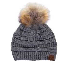 Dark Gray CC Knit Beanie with Faux Fur Pom